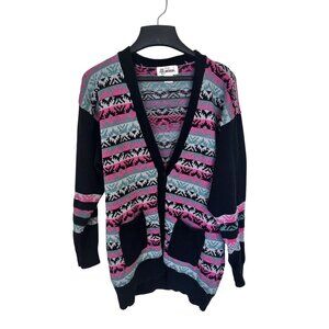 Lady Antigua Womens Cardigan Sweater Large Black Pink Teal Aztec Cotton 80s Vtg